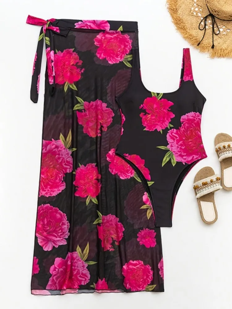 Costume da bagno a due pezzi alla moda stampato bikini retrò e copricostume con gonna attillata da donna, fasciatura estiva, spiaggia, lusso elegante