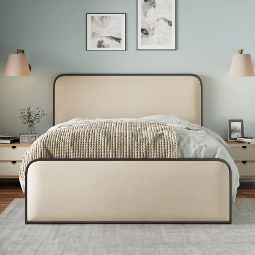

#Modern Bed Frame With Curved Upholstered Headboard & Footboard 4 Storage Drawers Heavy Duty Soft Slats
