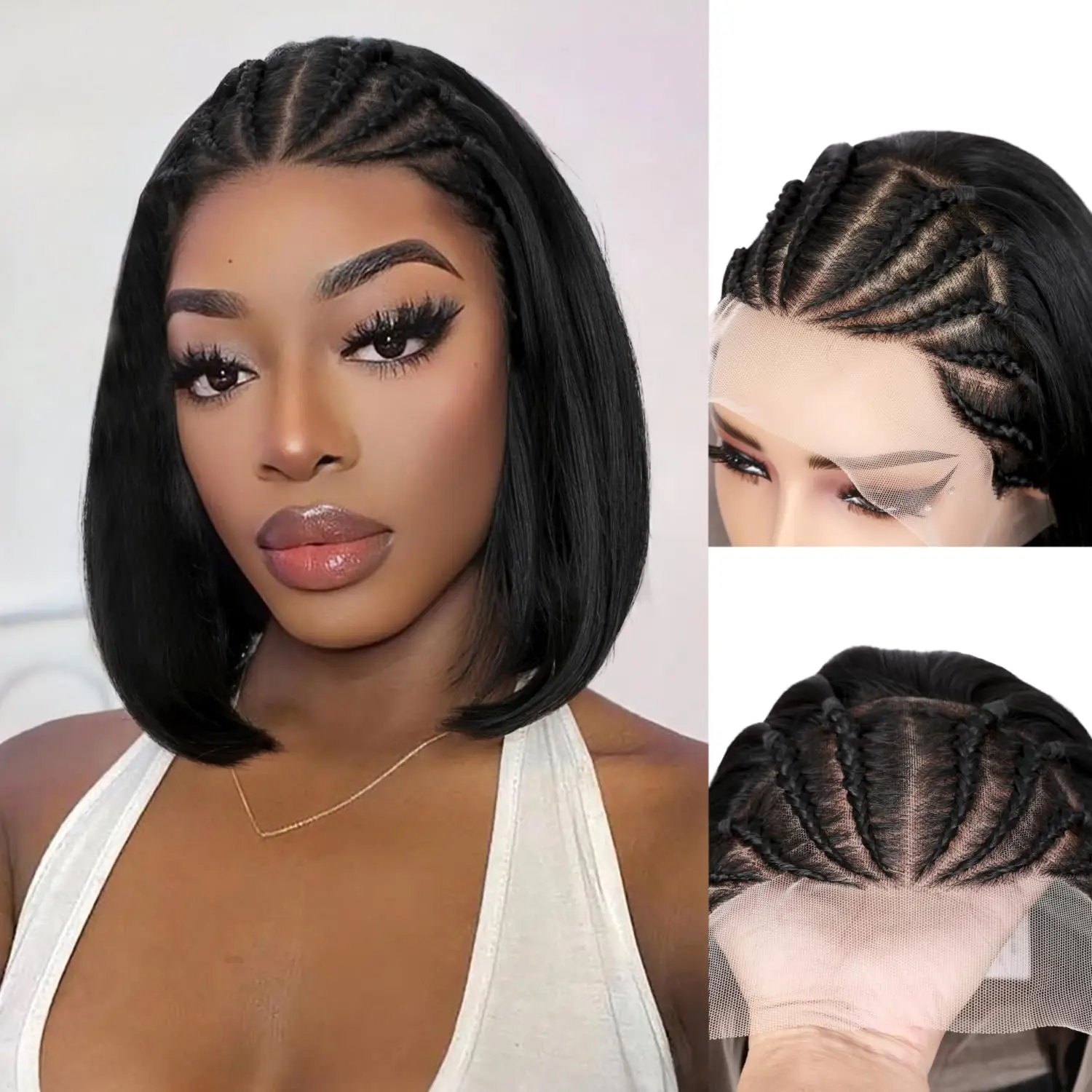 

Cornrow Плетеный Боб Парик 13x6 HD Кружевной Передний Предплетеный Короткий Шелковистый Прямой Парик с Предварительно Сорванной Линией Волос для Чернокожих Женщин