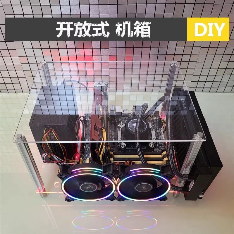 Liga de Alumínio Open Desktop Computer Case Itx Open Matx Vidro Acrílico Transparente Faça Você Mesmo Fonte de Alimentação Simples