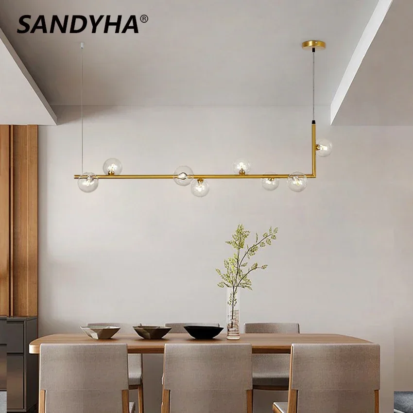 SANDYHA الشمال كرة زجاجية قلادة ضوء الذهب الأسود فقاعة مصباح معلق G9 LED الثريا الحديثة الحد الأدنى ديكور لغرفة الطعام