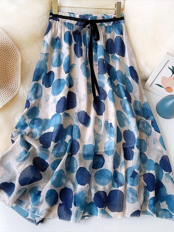 Falda Midi acampanada con estampado Retro, corte holgado, azul, Floral, Primavera Verano, versátil, cintura alta, para ir al trabajo, Faion para mujer