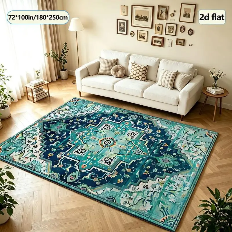 Teal Bohemian Medallion Carpet Flooring Ethnic Square Area Rug For Living Room Bedroom Household Home Decoration