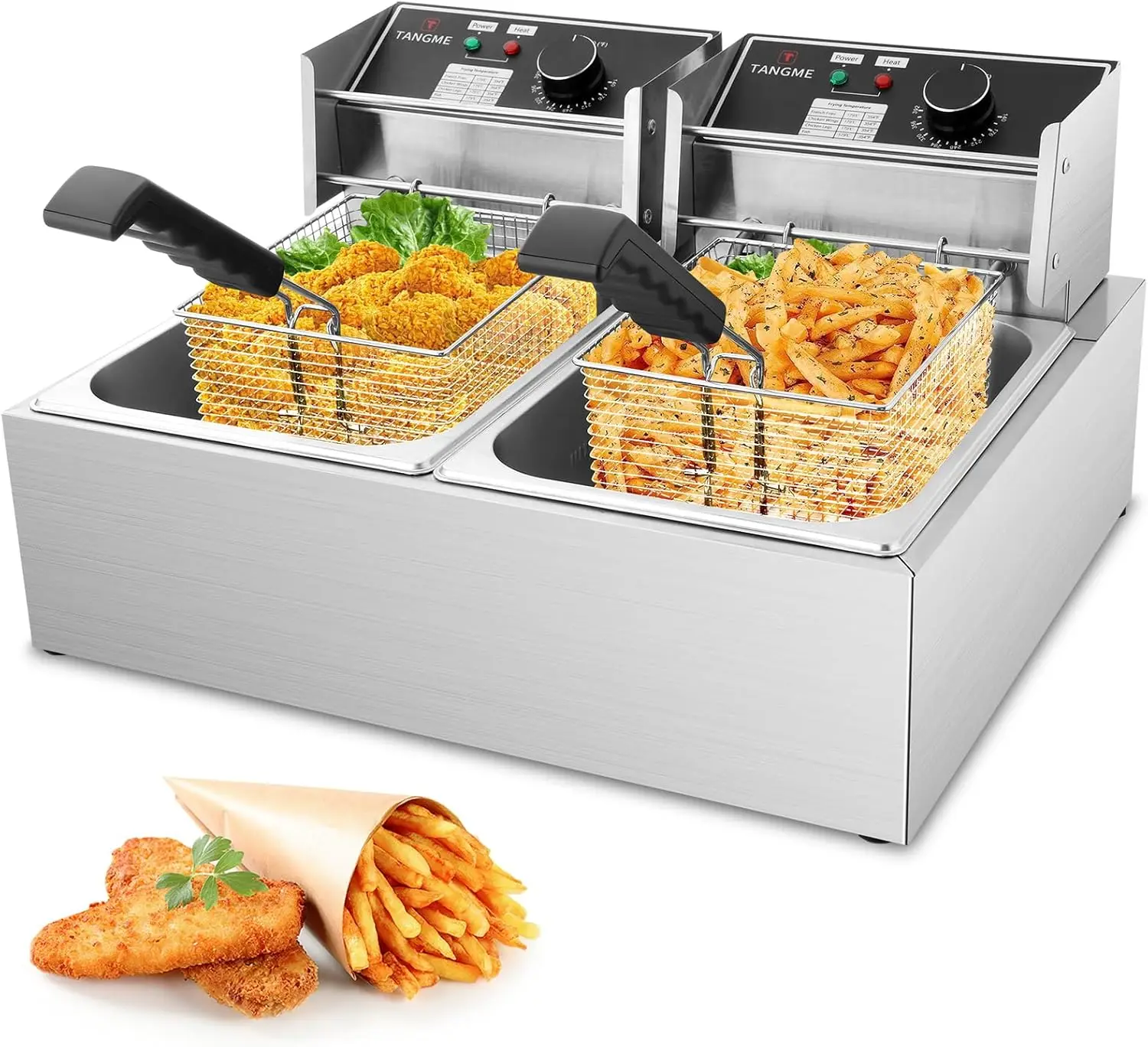 

3400W Commercial Deep Fryer with Dual 6.35QT Baskets, 20.7QT Capacity, Stainless Steel and Temperature Control