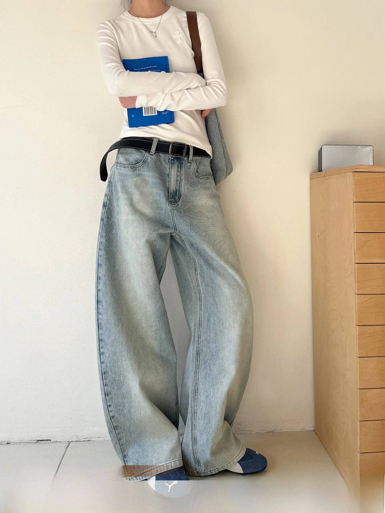 

Loose Casual Korean Sle High Waist Cotton Jeans Versatile Spring Summer Autumn Loose Fit Classic Blue Denim Pants for Women