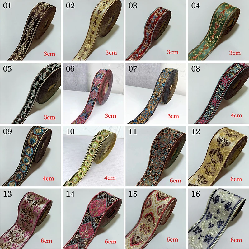 1M Vintage Ethnic Floral Embroidered Straps Jacquard Ribbons Woven Lace Trim For Garment Bag Curtain Sewing Fabric