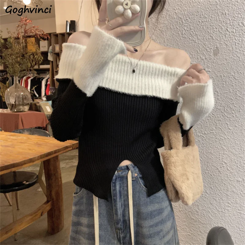 

Sweater Pullovers Women Slash Neck Sexy Elegant Slit Design Fashion Patchwork Aesthetic Clothes Tender Korean Style All-match