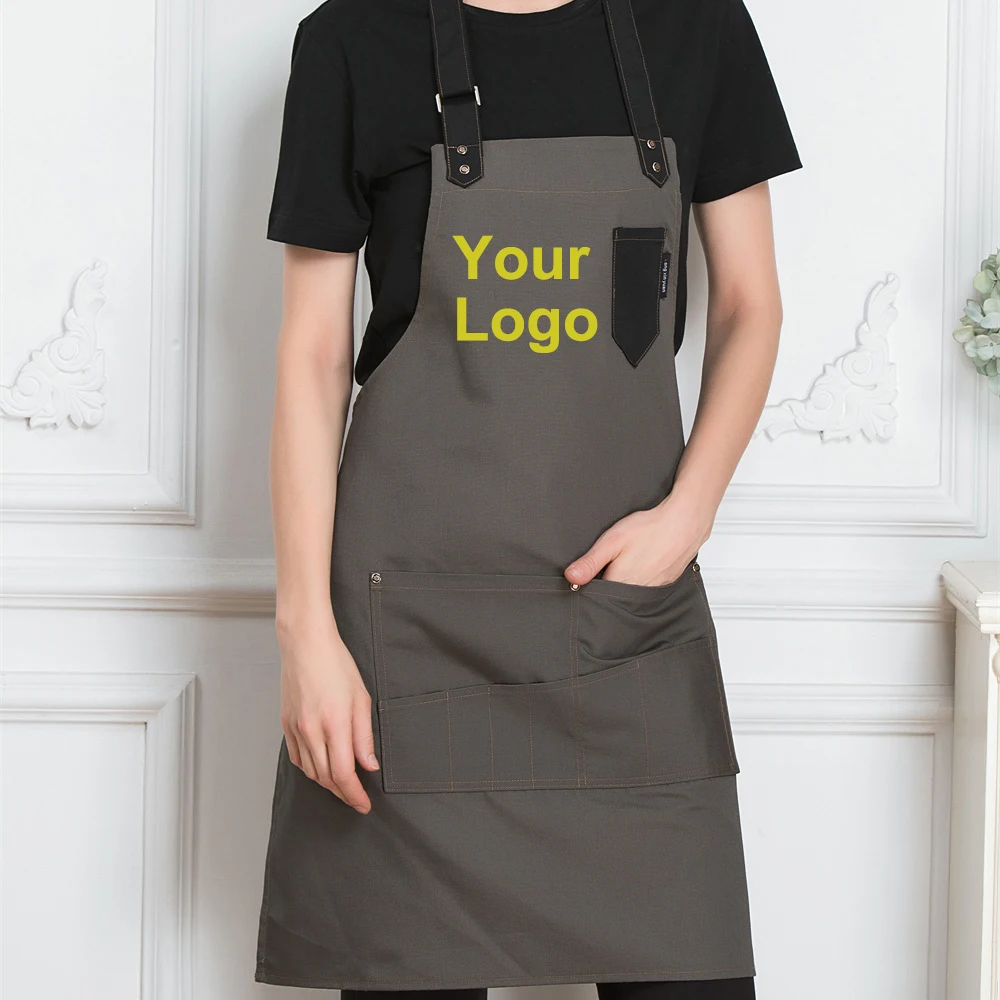 2022 Custom Unisex Work Apron For Men Canvas Black Apron Bib Adjustable Cooking Kitchen Aprons For Woman With Tool Pockets