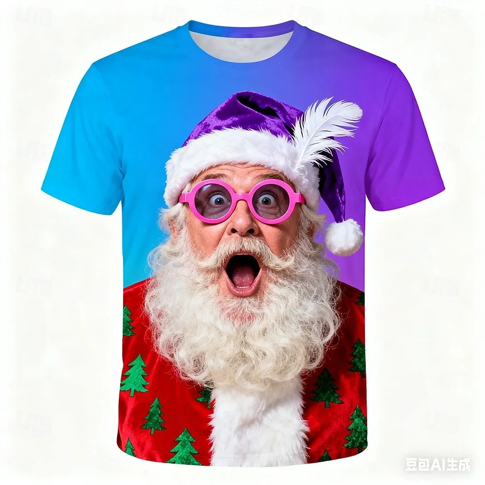 

Christmas men's funny colorful Santa Claus short sleeved T-shirt 3D print round neck shirt daily holiday party street men's tops