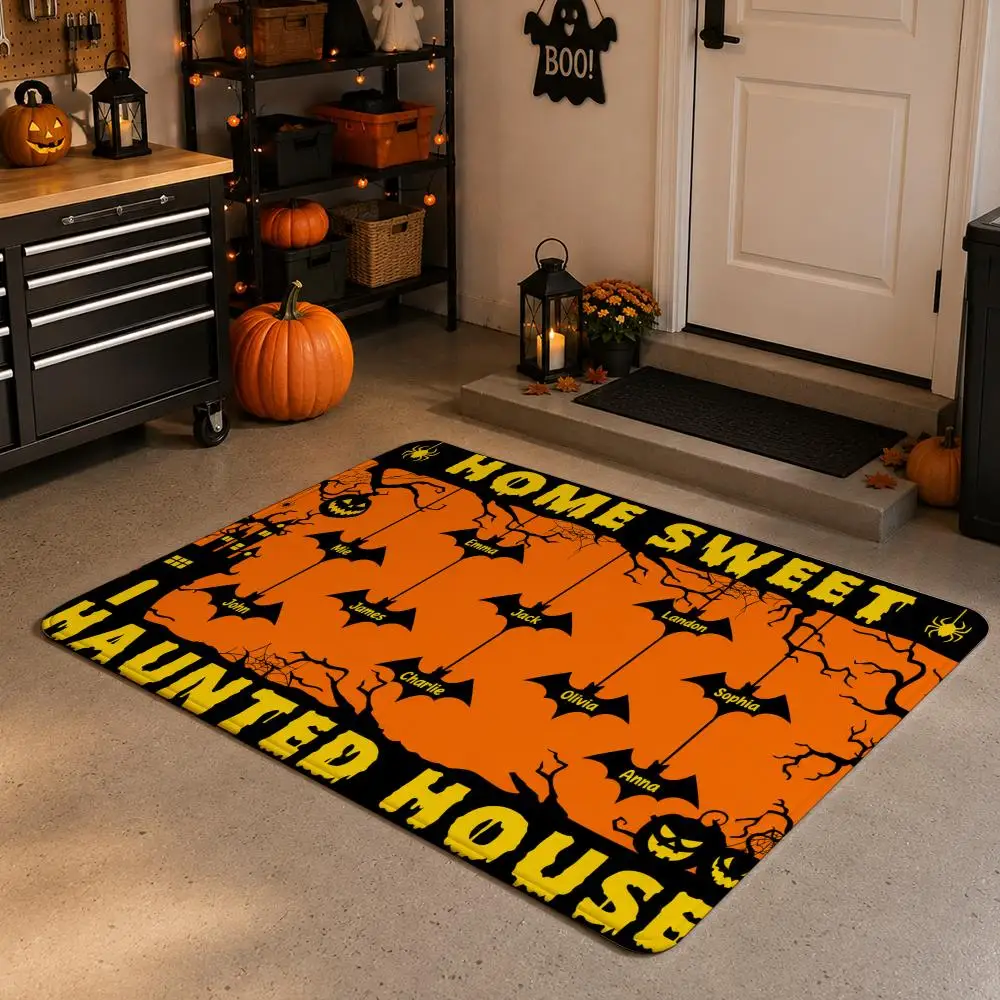 Orange Black Haunted Welcome Halloween Quote Art Floor Mat Soft Flannel Non Slip Absorbent Entryway Bathroom Bedroom Garage