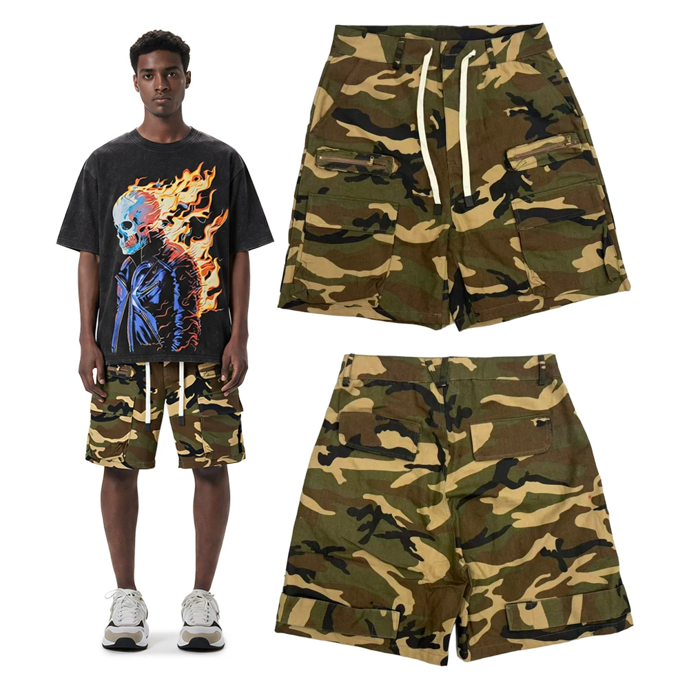 Summer Y2k American Streetwear Camouflage Cargo Shorts Pant with Zip Up Pocket Hiphop Street Style Cotton Casual Short Pants Man