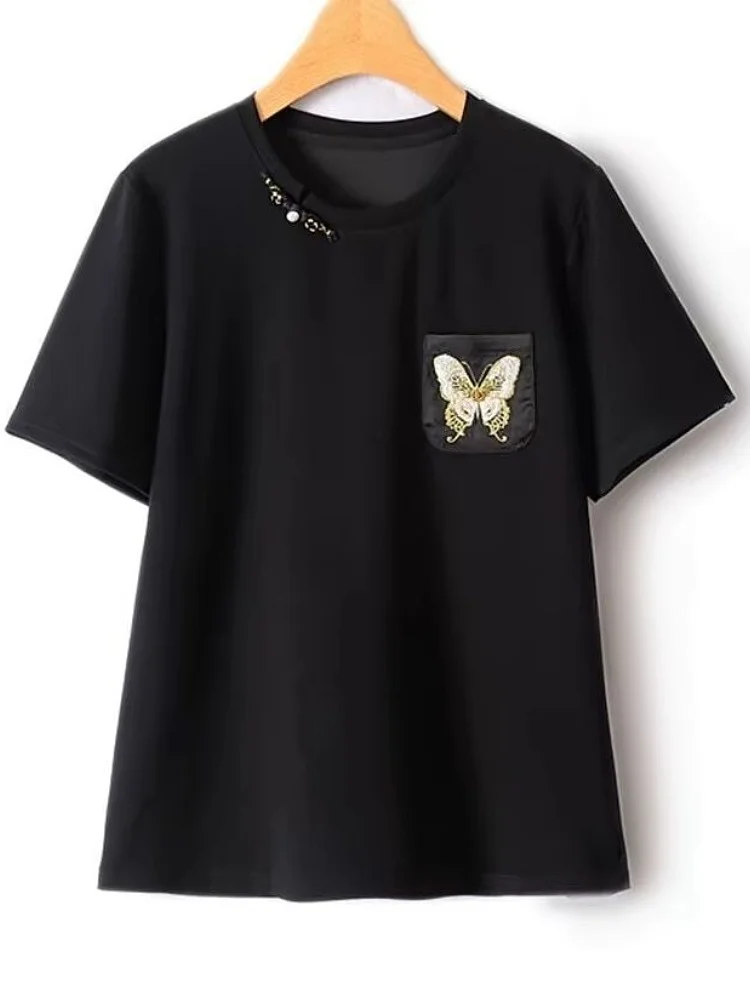 

Summer New Chinese Sle ort Sve T-irt Loose Faionable round Ne Embroidered Top Trendy Versatile Creative Design
