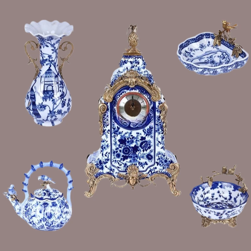 

French Chinese style ceramic inlaid bronze blue and white porcelain bell holder ornament decoration