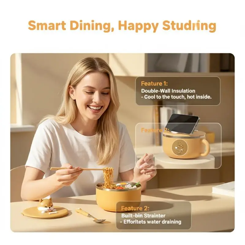 Stainless Steel Instant Noodle Bowl With Lid 1000ml Thermal Insulation Bento Lunch Box for Student Dormitory Study Meal