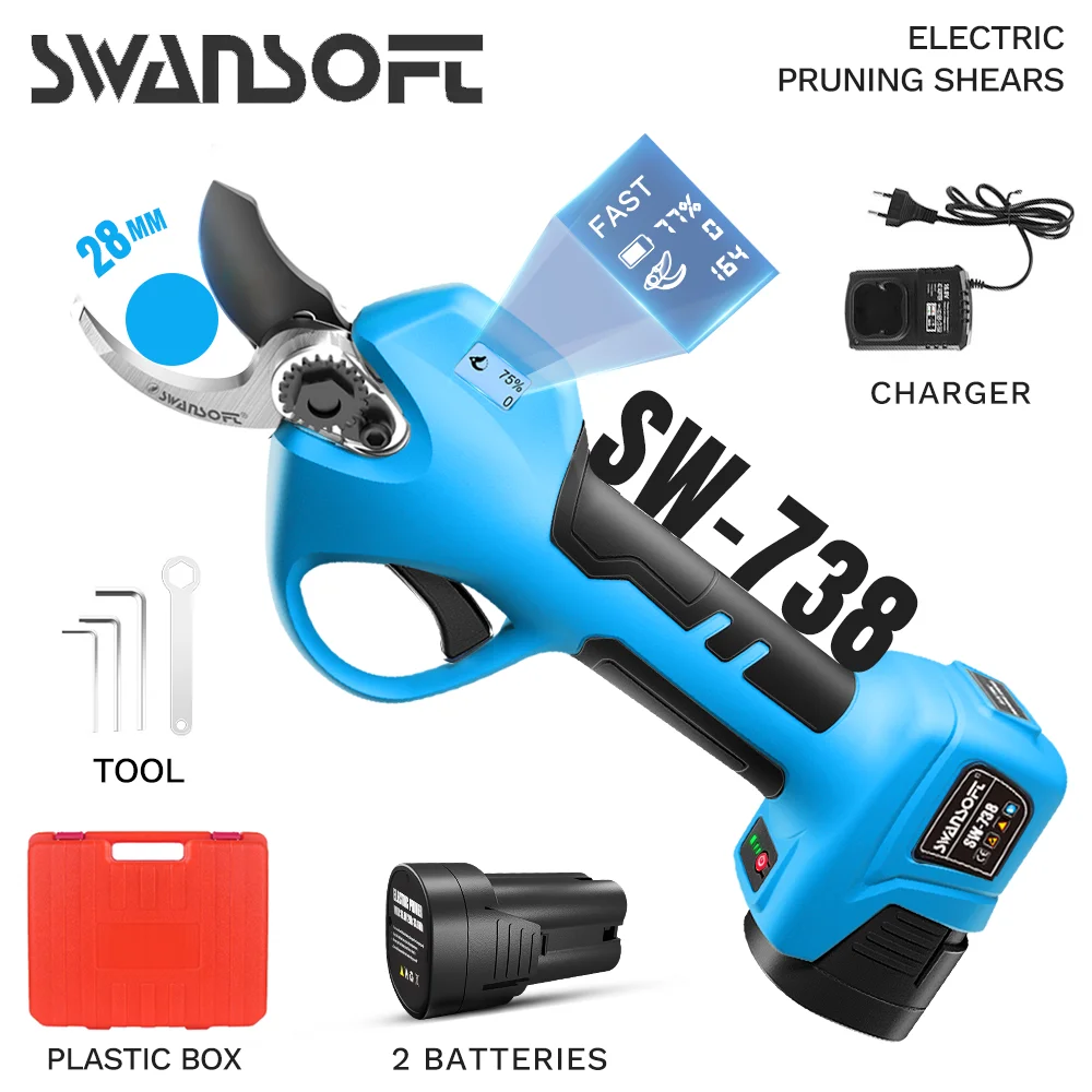 Swansoft SC-8604 tesouras de poda elétricas sem fio 2 bloco backup recarregável 2ah lithiumbattery 16.8v, 28mm 1. ferramentas de jardim de 1 polegada