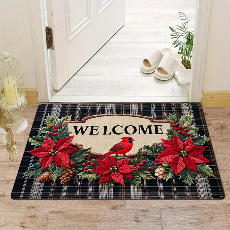 VIKAMA American Vintage Plaid Christmas Entry Floor Mats Cardinal Ichiban Print Decorative Rugs Holiday Home Decoration