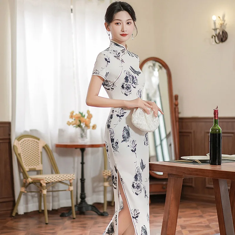 Plus Size 5XL Floral Sexy Cheongsam Long Women Qipao Mandarin Collar Chinese Dress Gown Vintage Evening Party Dresses Vestidos