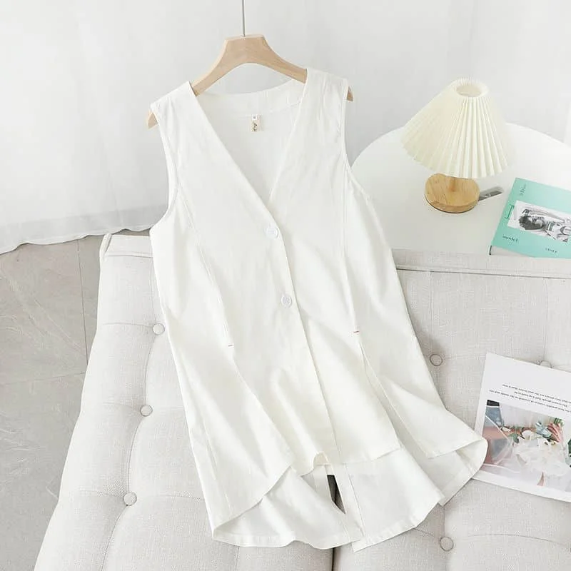 Cotton Linen Vest Women Summer Thin Korean Style Casual Loose Asymmetric Mid-length V-Neck Sleeveless Cardigans Women Clothing