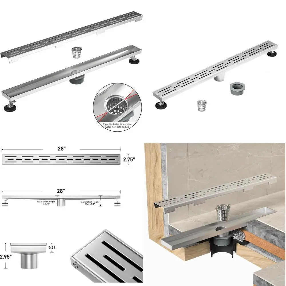 

28-дюймовый линейный душевой трап из матовой нержавеющей стали с решеткой для улучшенного слива и фильтром для волос