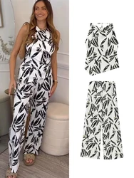 TRAF 2 Pieces Women Printed Top Pant Suit 2024 Causal Asymmetric Backless Sleeveless Tops Wide Leg Trousers Beach Outfits