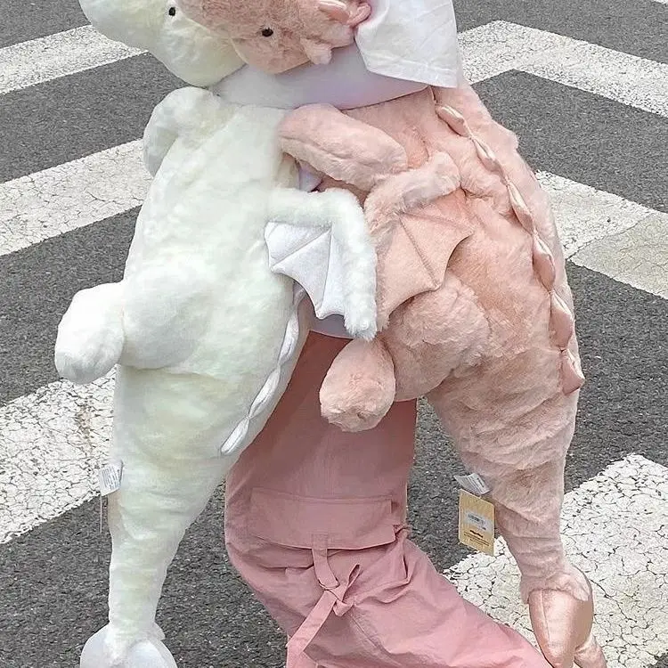 Long Winged Dragon Plush Body Pillow, Pink & White Flying Dinosaur Stuffed Doll Soft Fluffy Bolster Side Sleep Support Doll