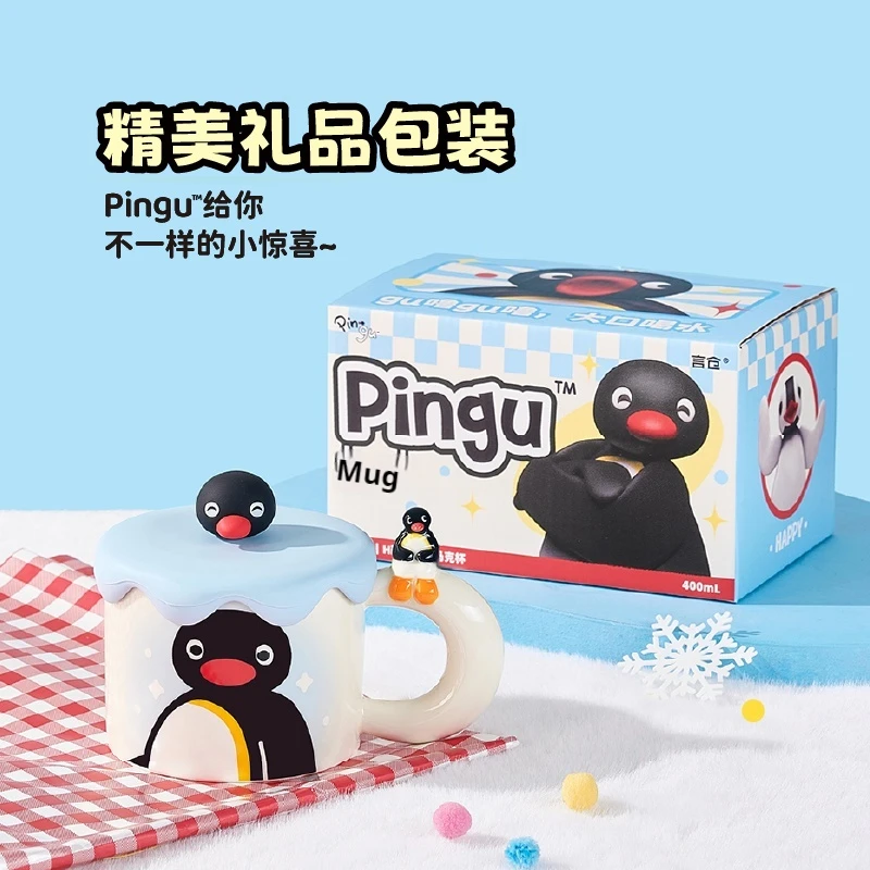 400ml Kawaii Cute Pingu Ceramic Mug With Handle And Cover High Value Cartoon Cup For Coffee Tea Birthday Gifts Household Item
