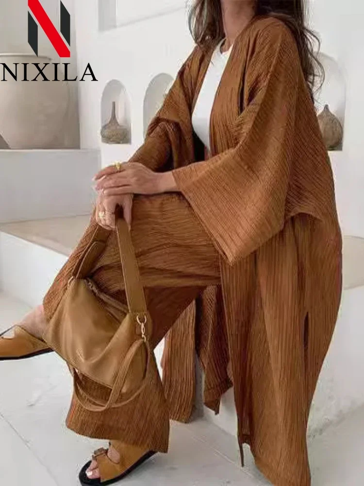 New Spring Autumn Elegant Female Loose Outfits Suits Lady Pleated Texture Long Sleeves Tops Straight Casual Pants Two-Piece Sets