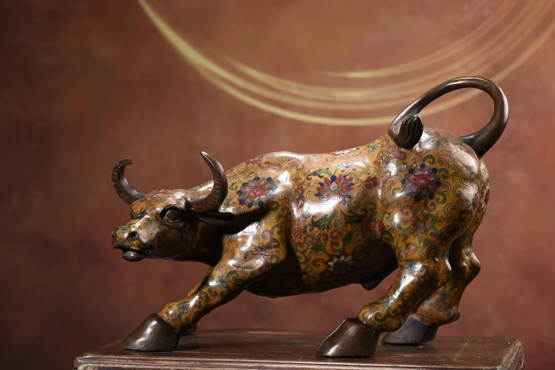 

16"Tibetan Temple Collection Old Purple Bronze Cloisonne Enamel Flower texture Bull Statue Bullish Amass wealth Ornaments