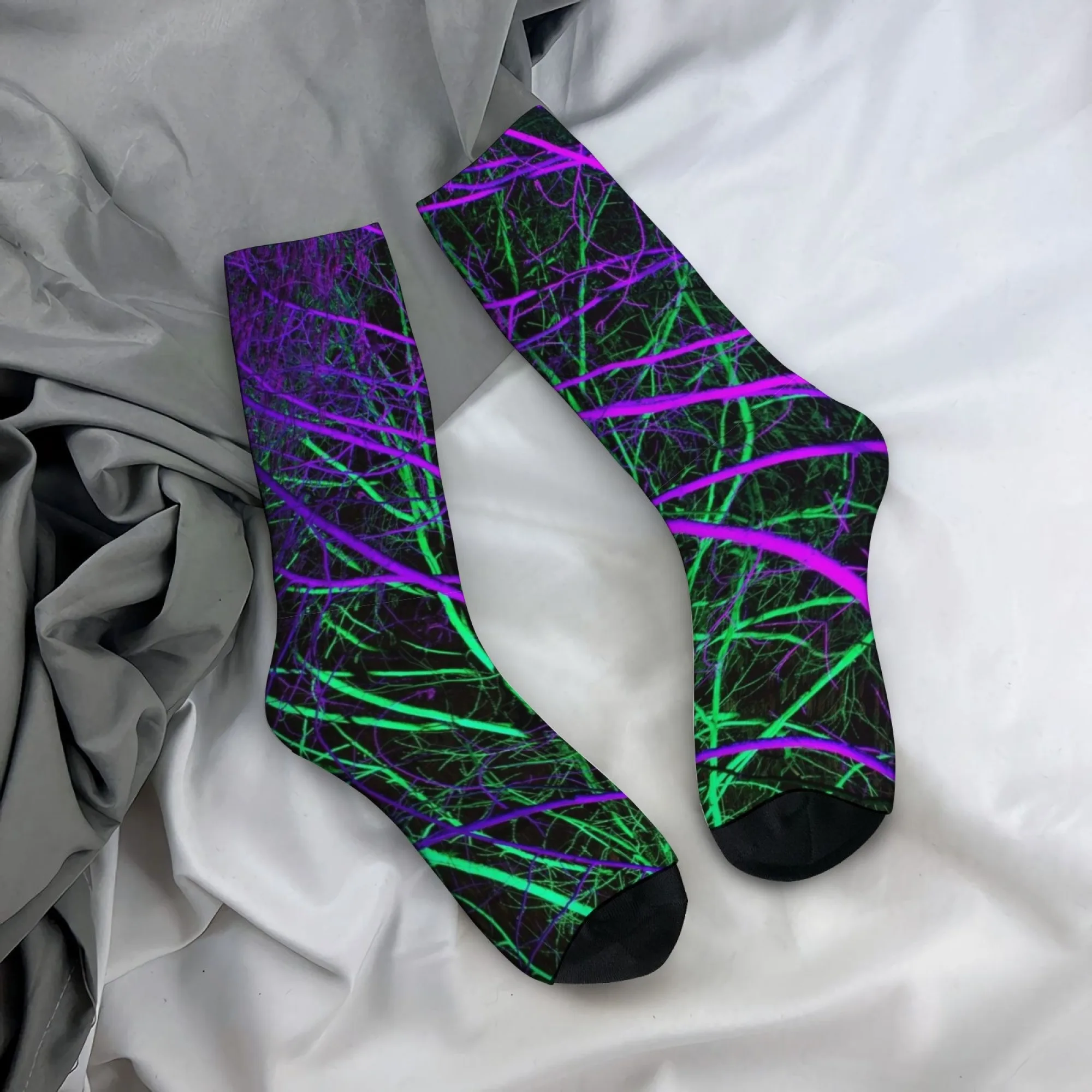 Novel Harajuku Retro Psychedelic Neon Branch Texture Crew Socks Black Base Purple Green Pattern Mid-Calf Socks Edgy Casual Wear