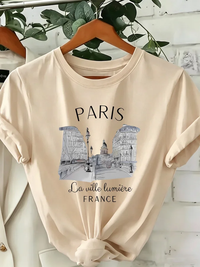 2026 New Women's Paris Print Crew Neck T-Shirt - Casual Loose Fit Short Sleeve Top with Eiffel Tower & French Lettering Design