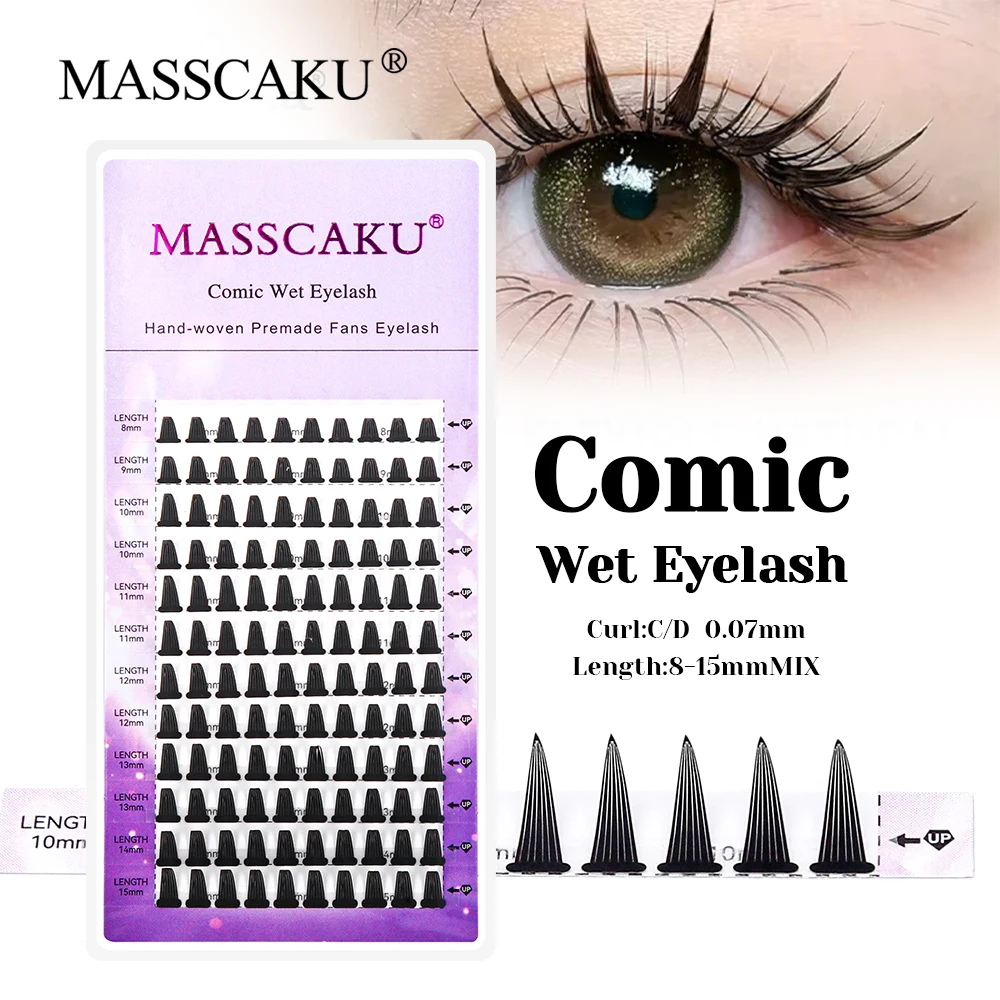 

MASSCAKU Manga Wet Eyelash Extensions Mix Length C D Curl Full Dense Pointy Base Eyelashes Comfortable Easy to Apply Comic Lash