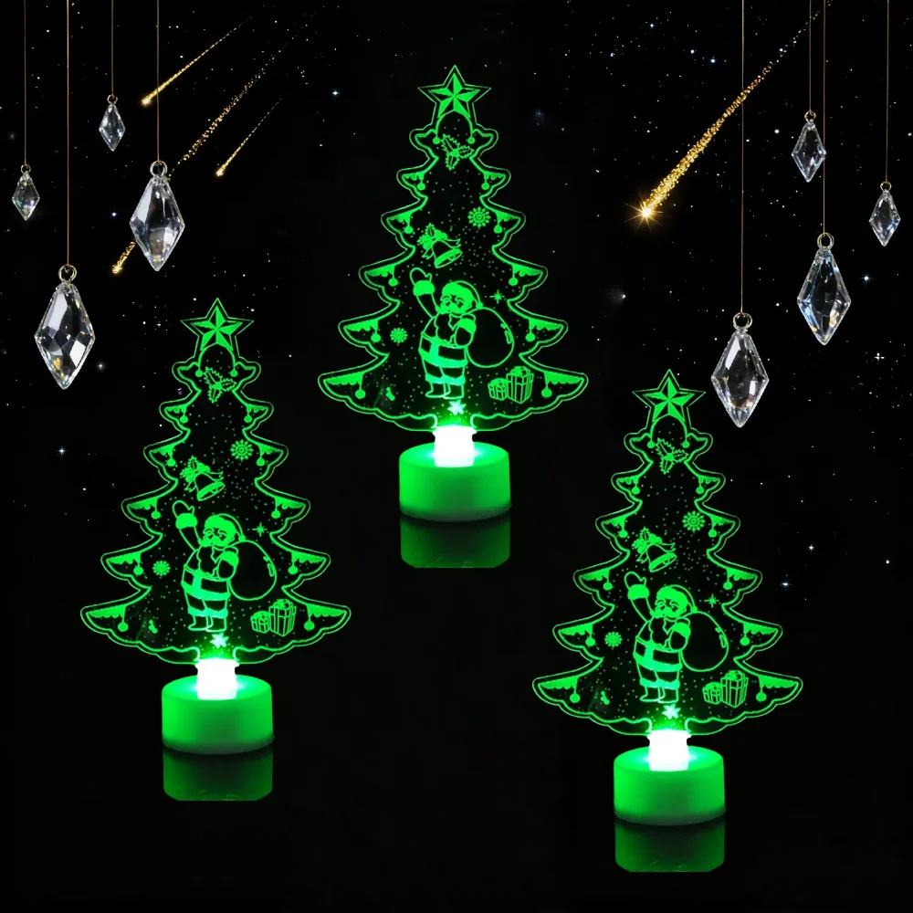 مجموعة زينة شجرة عيد الميلاد المضاءة من الأكريليك مكونة من 3 قطع، ضوء ليلي LED ملون لتزيين حفلات عيد الميلاد المنزلية