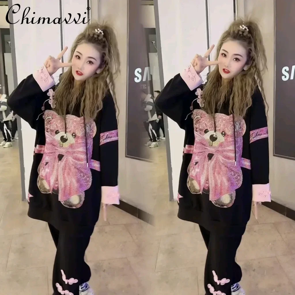 

Heavy Cartoon Bear Bow Hot Diamond Sweatshirt Autumn Winter Fleece Thickened Loose Pants Two-piece Set Women's High Street Set