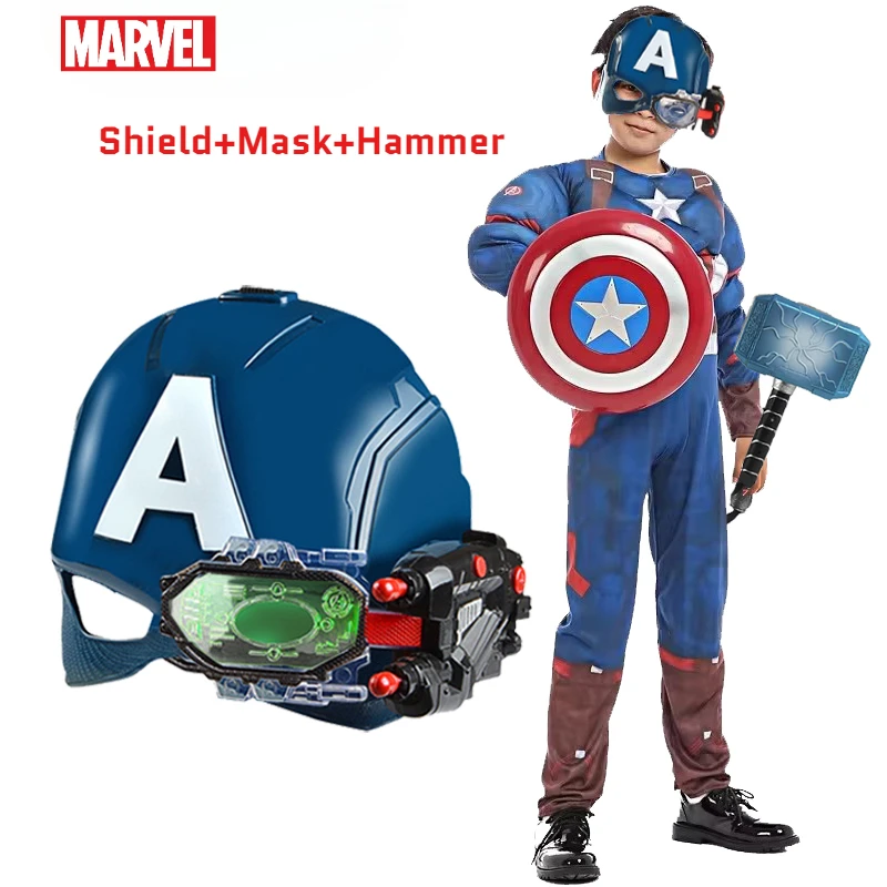 Marvel Avengers Captain America Shield Luminous Ejection Mask Superhero Thor Voice Hammer Children's Role Play Props one piece