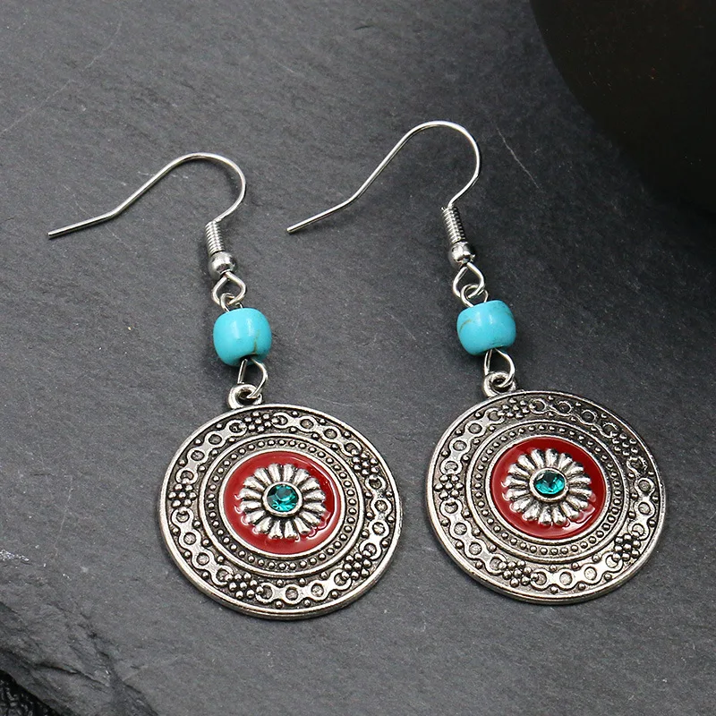 Vintage Ethnic Drop Glaze Rhinestone Flower Dangle Earrings for Women Unique Elegant Boho Beads Geometric Drop Earrings Jewelry