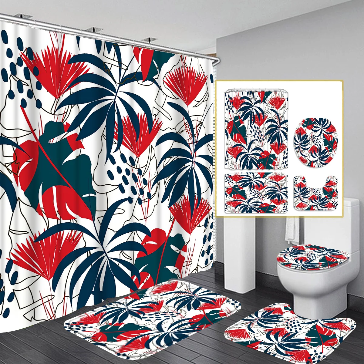 

Tropical rainforest Decorative Shower Curtain Bathroom Set - Machine Washable, with 12 Hooks, including Toilet Seat Cover and