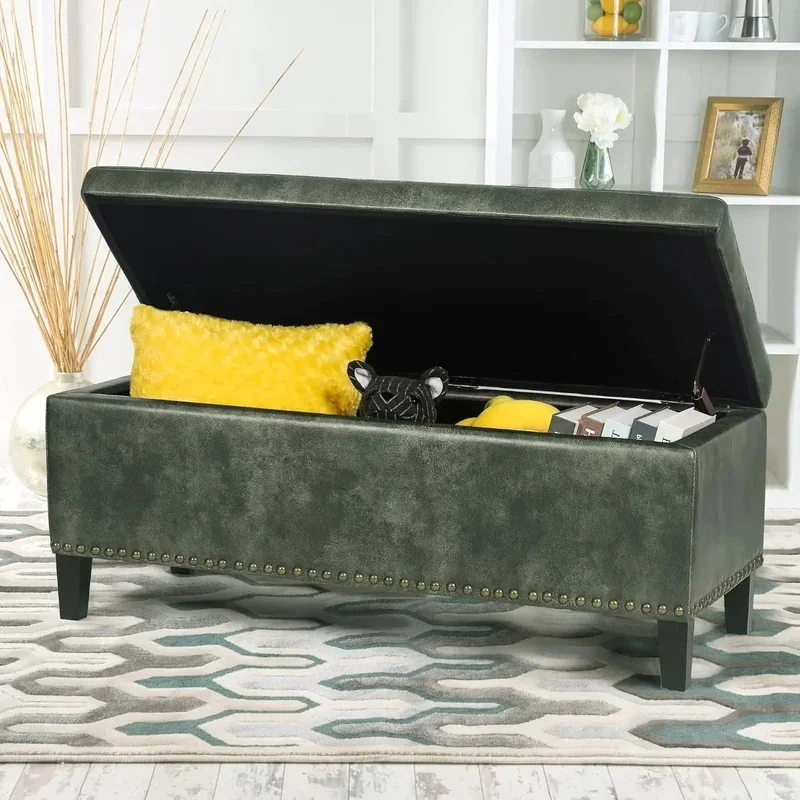 Ink Green Rectangular Faux Leather Storage Ottoman Bench with Wood Legs Footstool