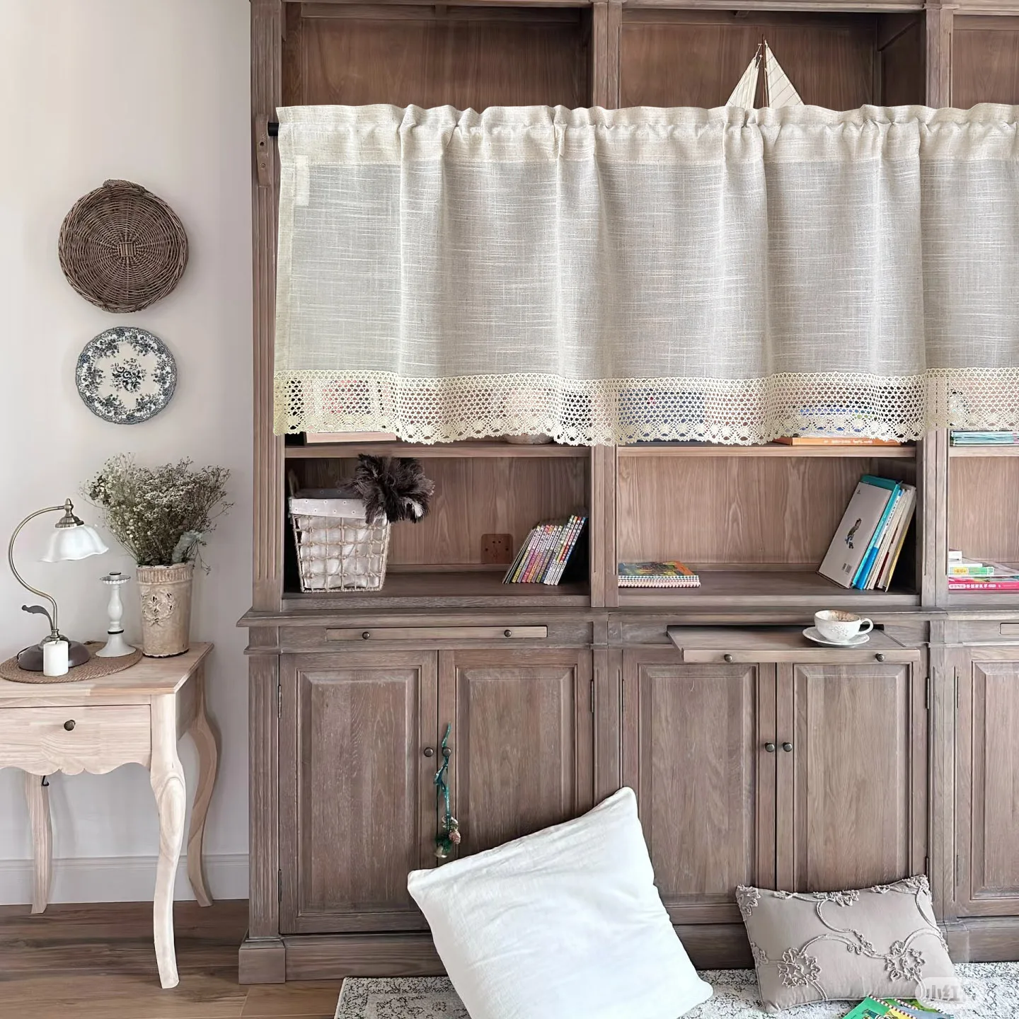 Solid Color Sheer Curtains with Crochet Lace Trim for Kitchen Cabinet Small Windows Farmhouse Lightweight Boho Window Decor