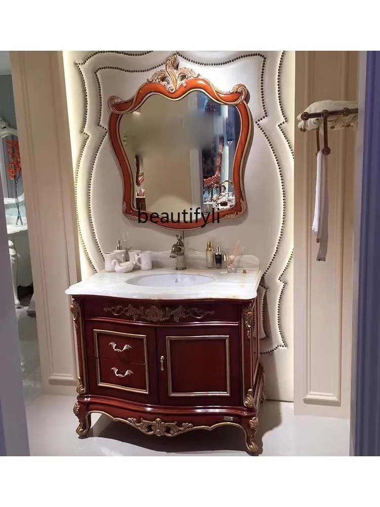 

European-Style Bathroom Cabinet Oak Solid Wood Floor-Standing Bathroom Cabinet Arc Bathroom Table Face Washing