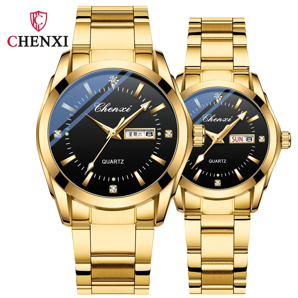 CHENXI 022G Couple Quartz Watch For Women Men Diamond Stainless Steel Date Lover Simple Leisure Fashion Gold Clock Wristwatch