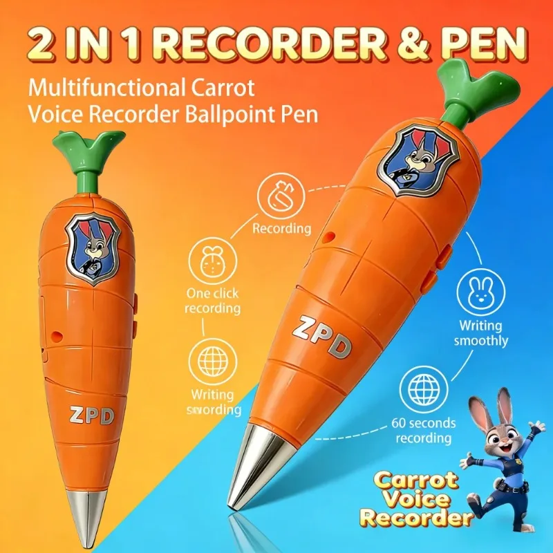 

Anime Zootopia 2 Carrot Recorder Pen | Judy & Nick Style for Kids | 60s Mini Recorder | 2-in-1 Gel Pen Stationery
