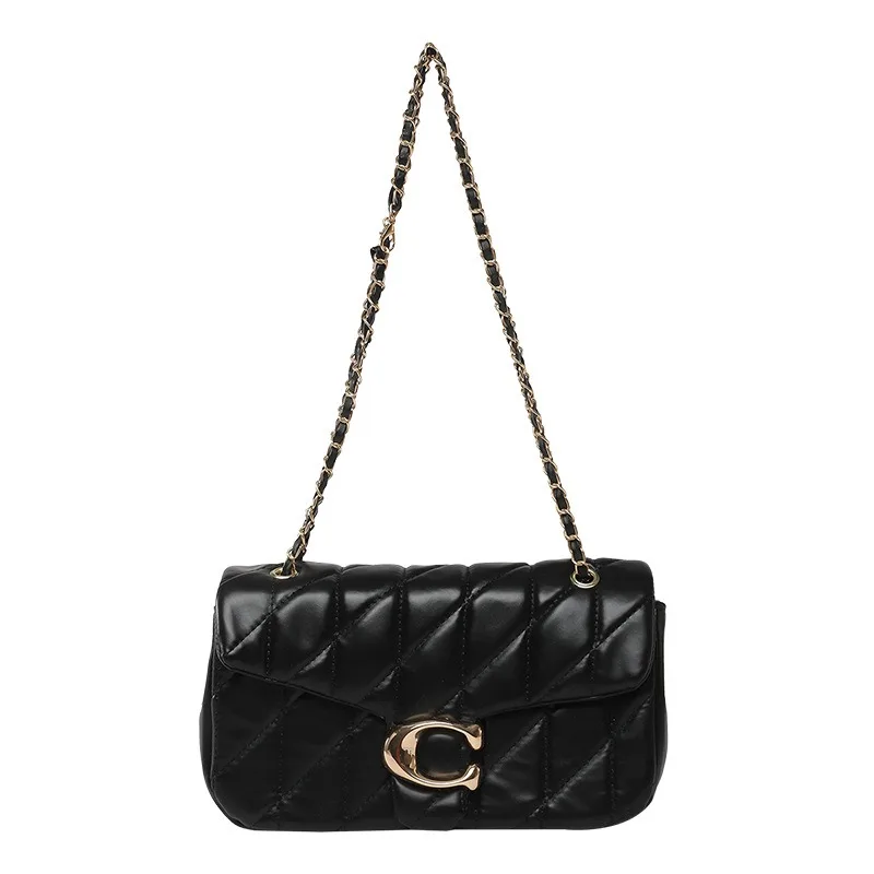 Damen Gesteppte Leder-Umhängetasche Luxus C-Logo Goldkette Crossbody-Tasche Designer Kleine Klapptasche Vintage Schwarze Abendclutch – Detail 8