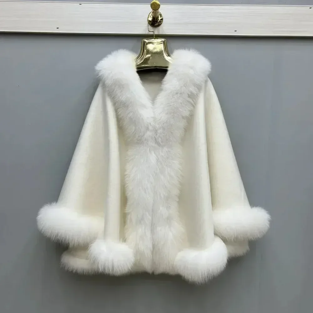 2025 New Autumn Winter Ponchos Cloak Outwear Female Coats Fashion Women Wool Warm Cardigan Shawl Jacket with Real Fox Fur Collar