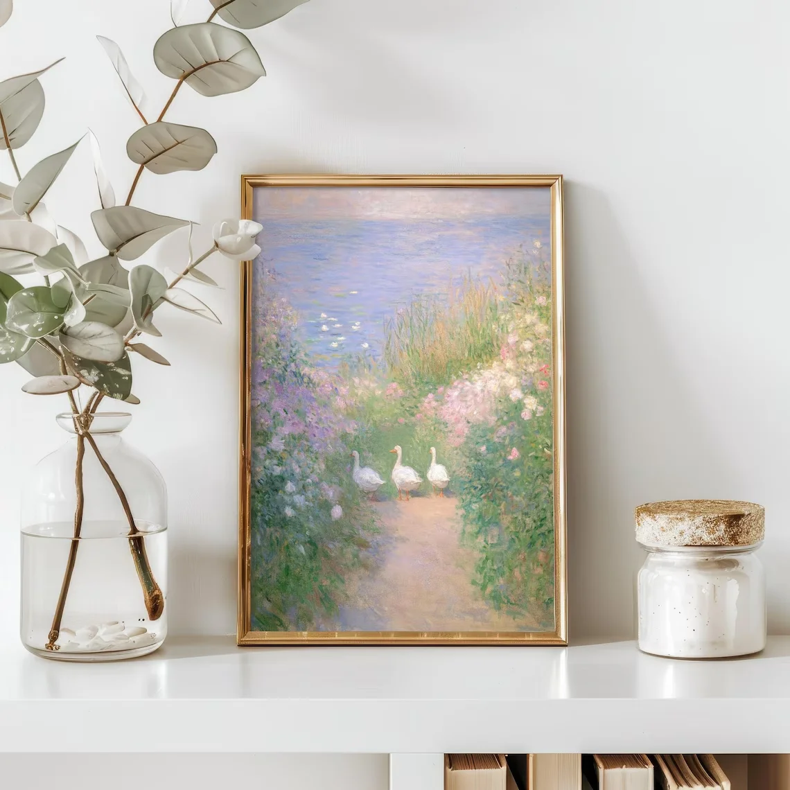 Serene Monet-Style Lakeside Wall Print Decor - Soft Impressionist Painting of Three White Geese Walking Along a Flower-Lined Pat