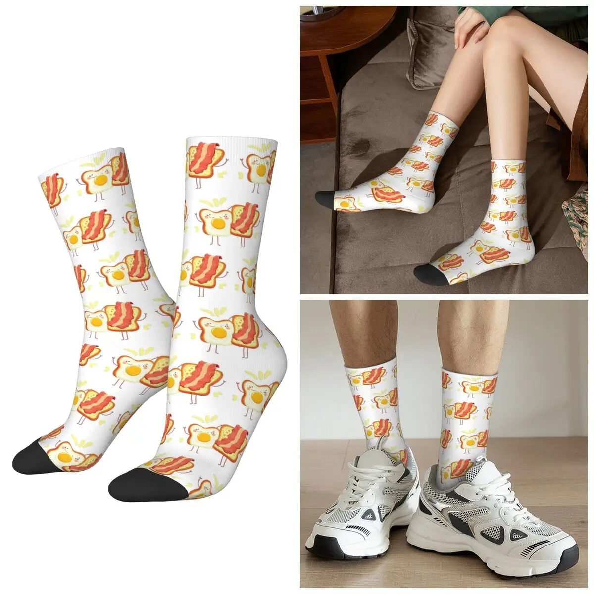

All Seasons Fried Egg Bacon Gourmet Energy Breakfast Socks Harajuku Sport Middle Tube Socks Sweat Absorbing Stockings for Unisex
