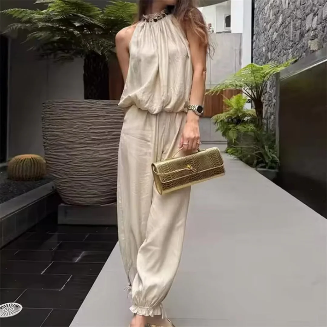 Women's Long Pants Set 2026 Summer Elegant Round Neck Sleeveless Linen Thin Pants Fashion Casual Street Vacation Two-Piece Set