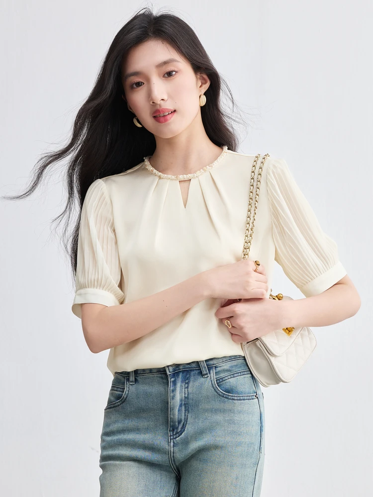 

SENTUBILA Women's Summer Chiffon Blouse Bead Webbing Round Neck Pleated Blouses Satin Shirt 2025 Lantern Sleeve Shirts Q52CA1998