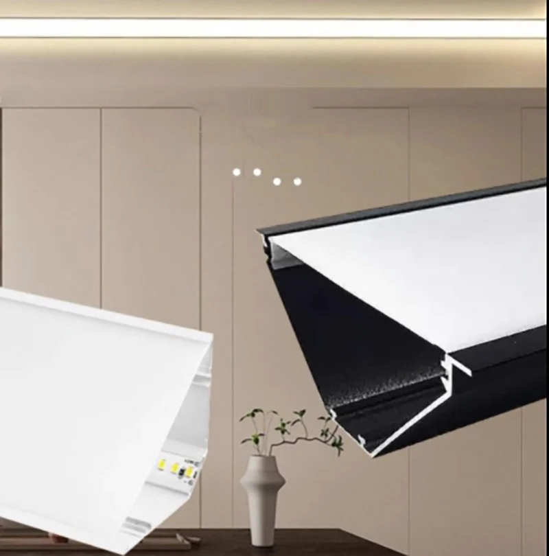 Profilo in alluminio a LED luce lineare ad angolo superiore a fascio obliquo a 45 ° per il profilo della parete del soffitto a Led decorativo per interni del corridoio della camera da letto