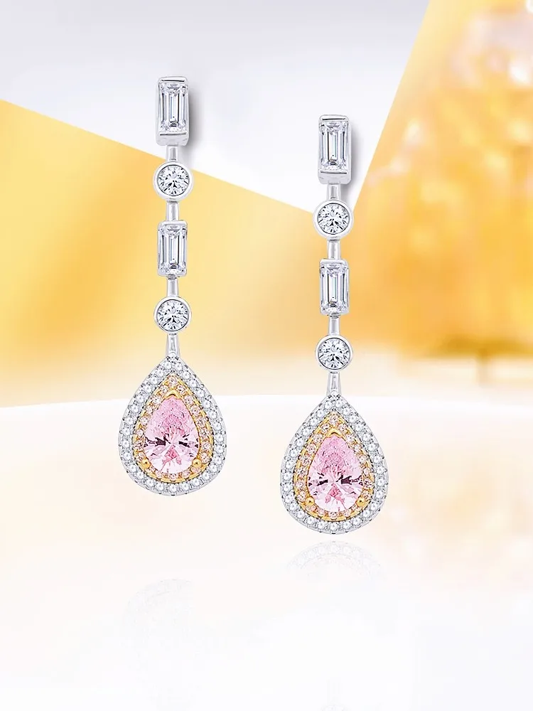 Sweet cherry blossom pink diamond earrings, women's light luxury, fashionable ice flower princess style, high-end feeling