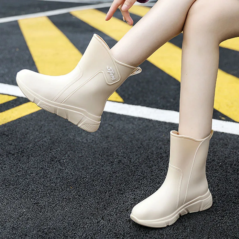 Fashion Women's Rain Boots Mid-Tube Rain Boots PVC Thick-Soled Outer Wear Non-Slip Rubber Shoes Waterproof Outdoor Shoes 36-40